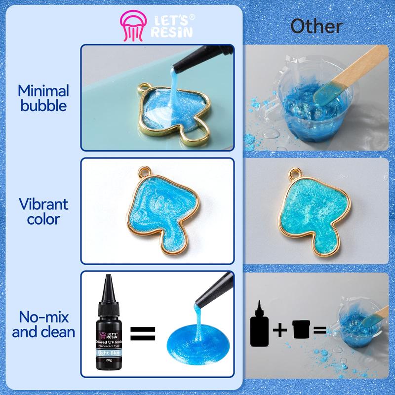 Pearlescent UV Resin, 10 Colors Colored UV Resin, Low Odor & Minimal Bubbles for Resin Casting and Coating, Jewelry Making, Decoration(20g Each) - LET'S RESIN