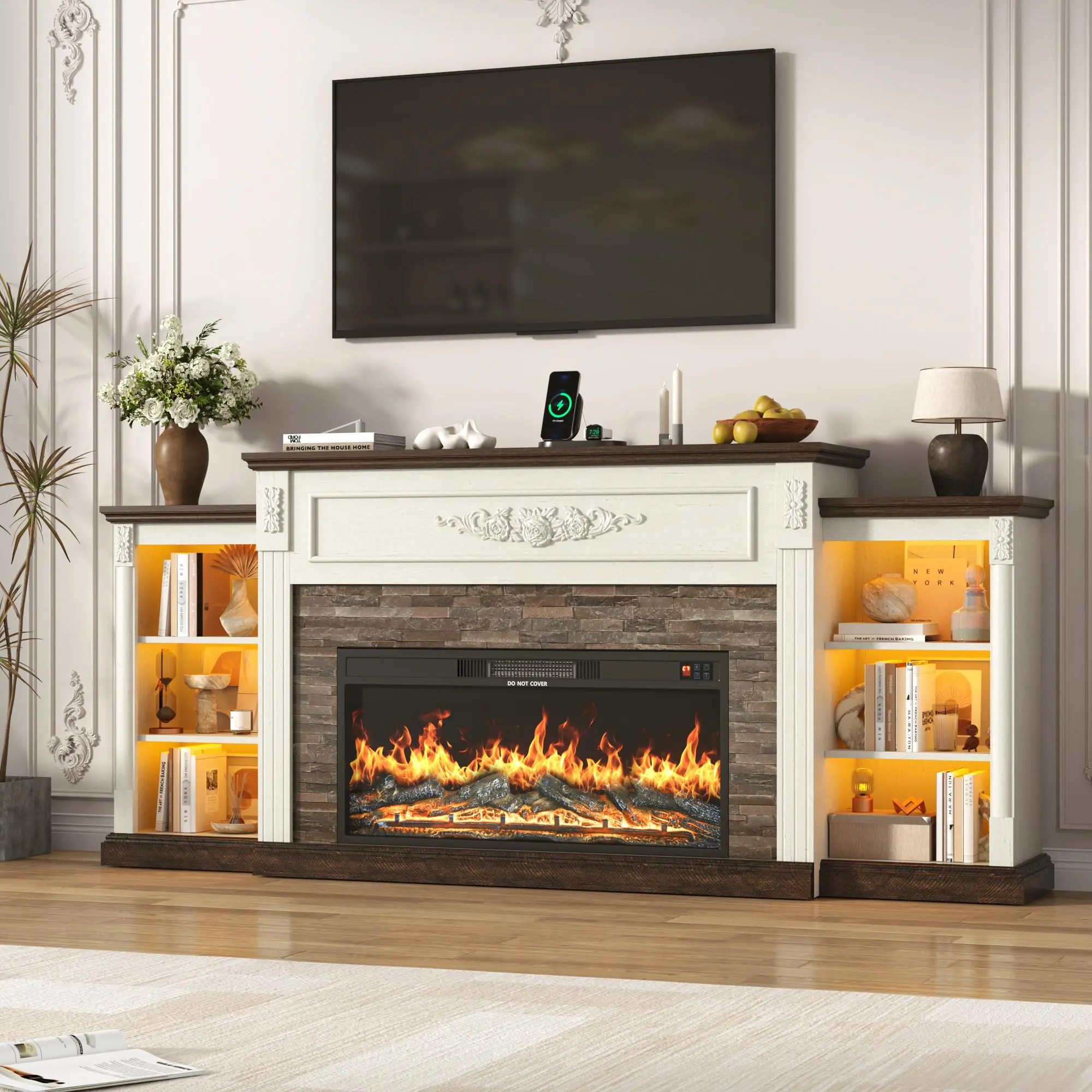 85" Electric Fireplace with Mantel, Farmhouse TV Stand with 36" Fireplace for TVs Up to 95 Inch, 37.6" Tall Entertainment Center with Charging Station & LED Lights, Carved Decoration, Antique White/Brown/Black/Light Rustic Oak