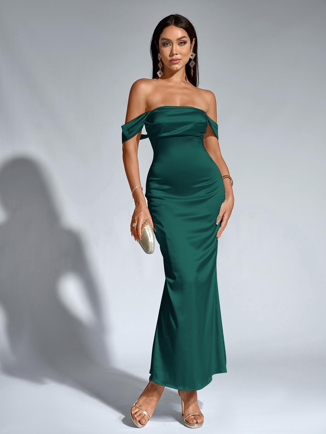 Off-neck Backless Ruched Bodycon Satin Dress,a Bodycon Long Dress Makes an Elegant and Stylish Prom Outfit Choice