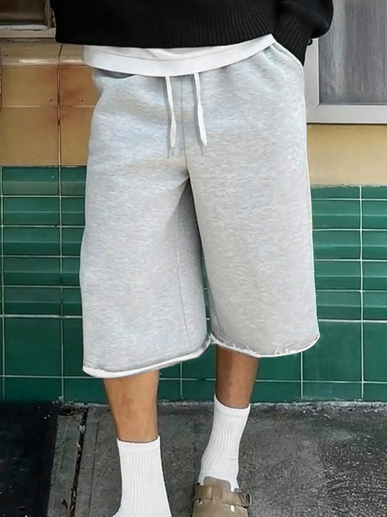 Men's Casual Wide Leg Shorts, Elastic Drawstring Waist, Summer Fitted Plain Sporty Style, Soft Comfortable Daily Wear, Casual Streetwear Shorts, Casual Comfy Shorts, Drawstring Waistband Shorts
