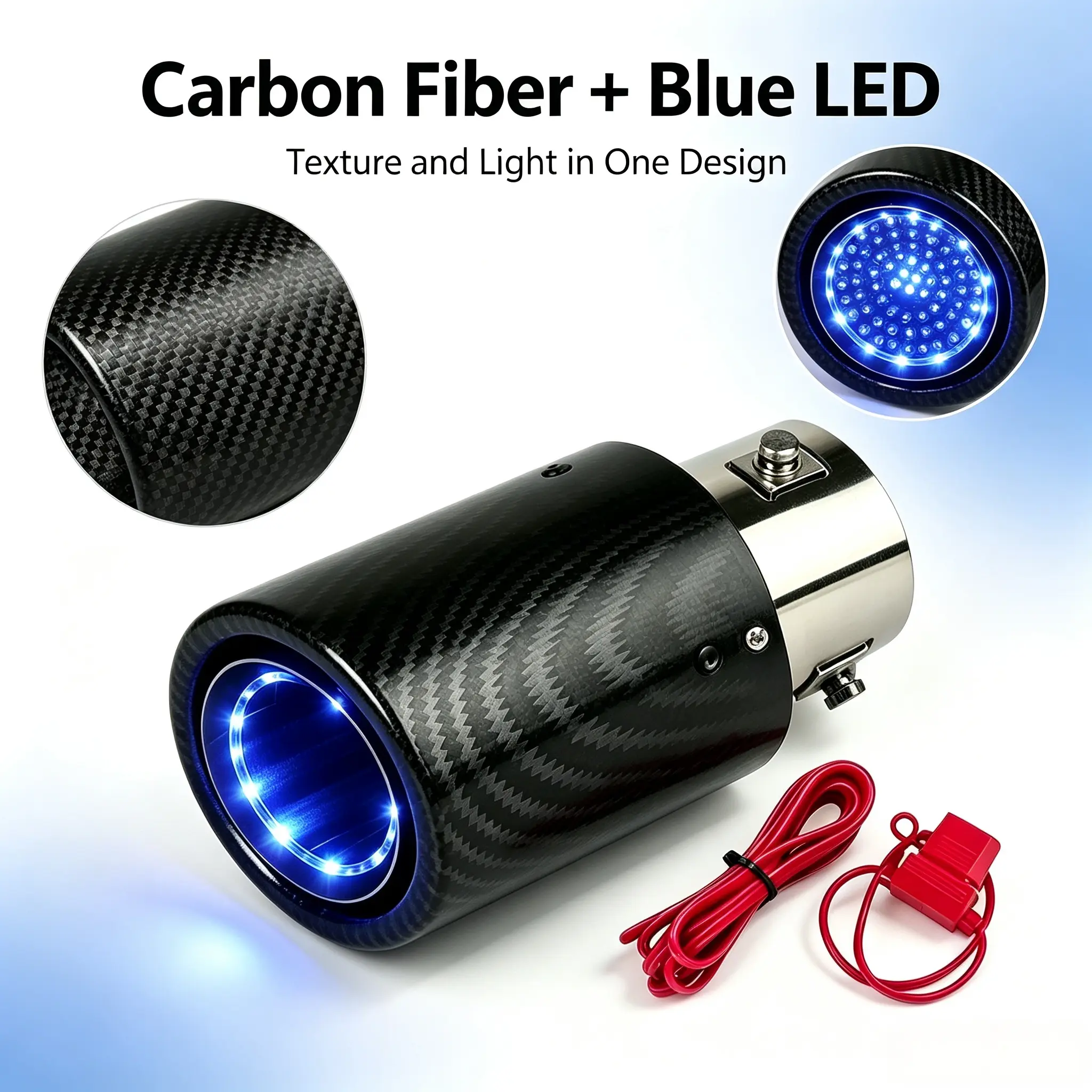 Car LED Straight Exhaust Tip - Carbon Fiber Finish, Blue Glow LED Lights, Red Wiring Harness, Easy-Install Straight Shape Decoration Accessory