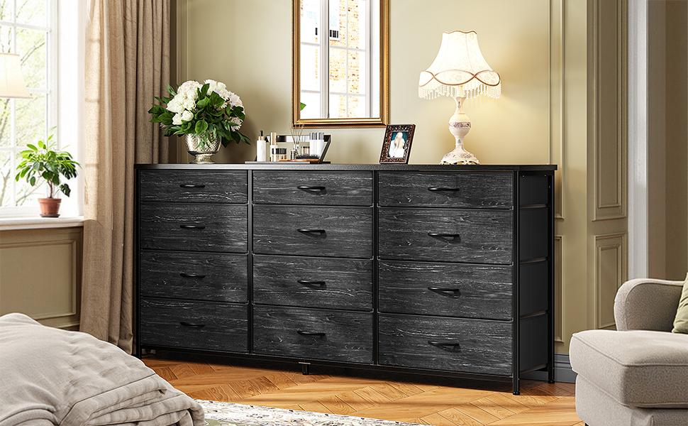 RaybeeFuniture 55" Long Dresser for Bedroom with 12 Fabric Drawers, Entertainment Center for 60 inch TV Dressers & Chests of Drawers, Large Storage Organizer for Closet, Living Room, Metal Frame, Wood Top