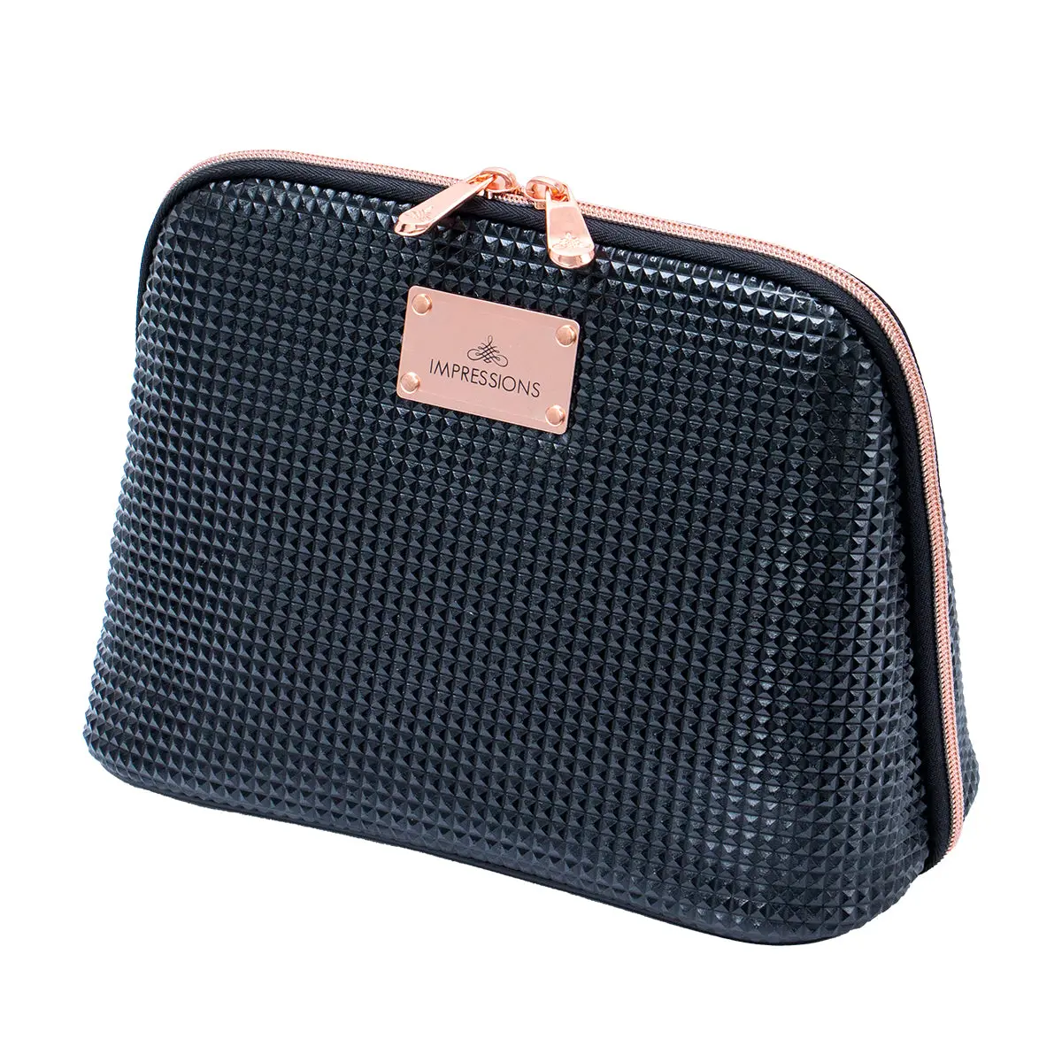 IMPRESSIONS VANITY.COMPANY Raven Chic Pyramid Studs Faux Leather Makeup Organizer Pouch - Large Travel Cosmetic Bag with 2 Zippered Multi-Compartment, Rose Gold Accents, Water-proof Portable Luggage Accessory