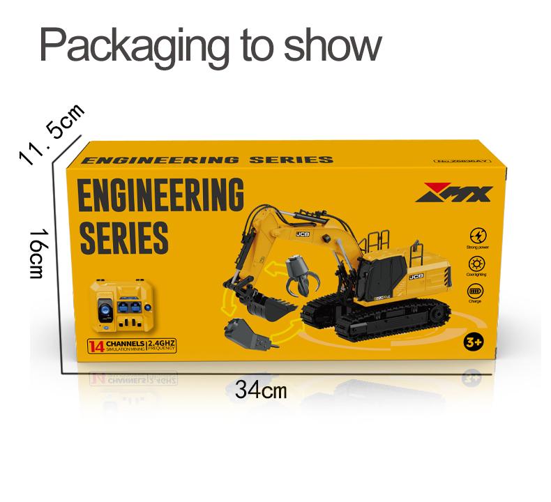 Remote-controlled excavator toy with 3 interchangeable attachments: drill, grabber, and digging hook. Features sound effects and lights for realistic operation. Perfect for boys, girls, and adults alike. Ideal Christmas gift.