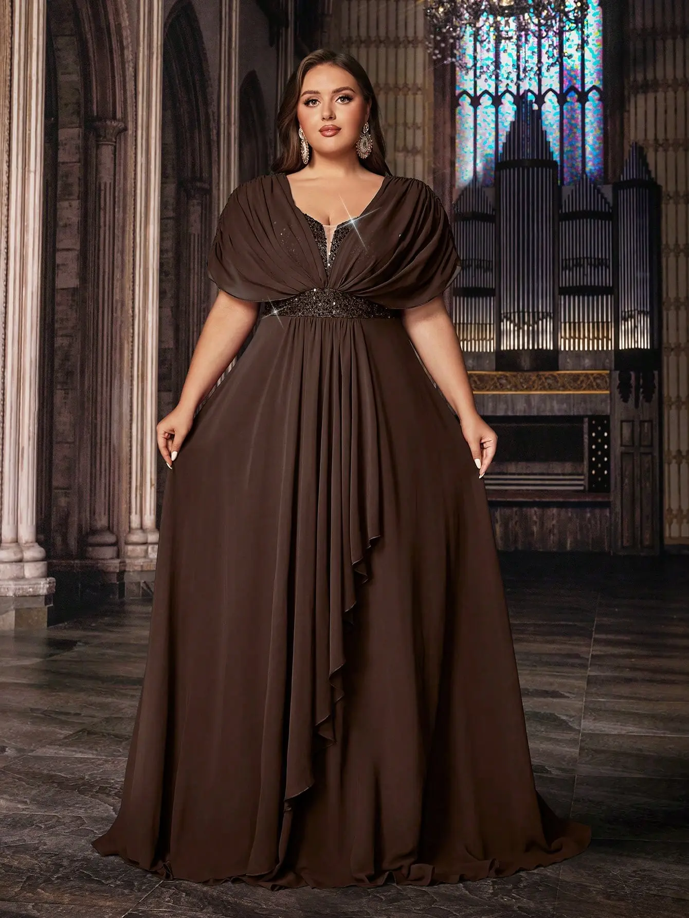 Plus Size Coffee Brown Chiffon Evening Gown V-Neck Cape Sleeve Formal Dinner Party Dress for Special Occasions Non-Stretch Fabric Elegant Silhouette - Fashion