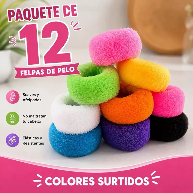 12-Pack Basic Synthetic Soft Hair Scrunchies, Ouchless Elastic Hair Ties, Assorted Colors for Everyday Casual Use felpas para el cabello