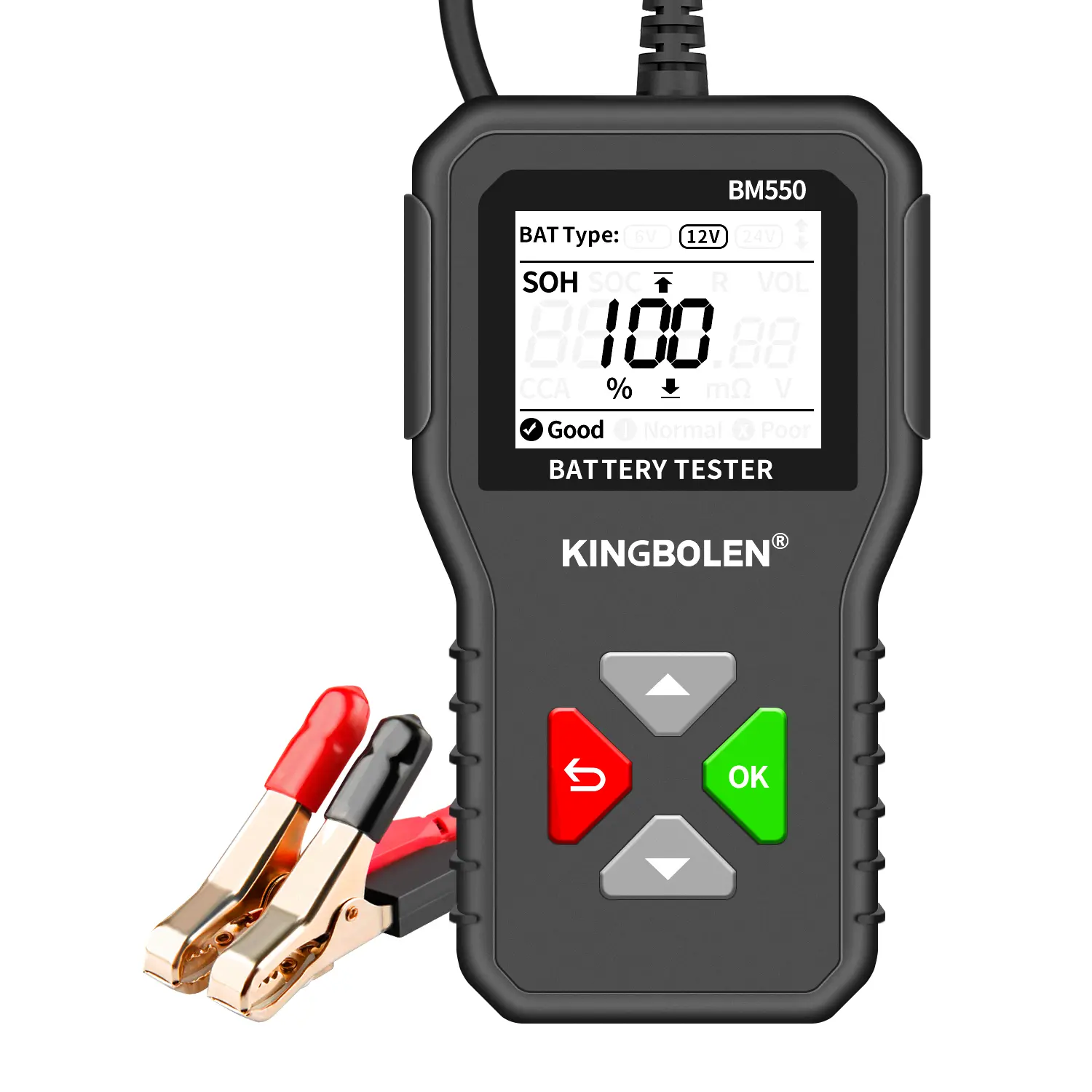 KINGBOLEN BM550 Automotive Battery Relay Tester, 6V/12V/24V Multi-Voltage Car Battery Analyzer with 100-2000 CCA Testing, 1.8-in HD Screen, Reverse Protection for Trucks, Motorcycles