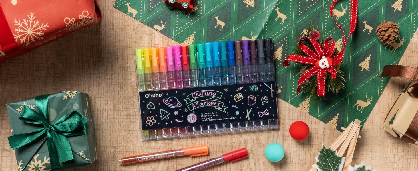 Ohuhu Stocking Stuffers for Teen Girl: 18 Outline Markers - Shimmer Glitter Metallic Double Line Drawing Pens for Adults Beginners Fun Crafts Art Supplies Gifts for Greeting Cards Glass Rock Plastic