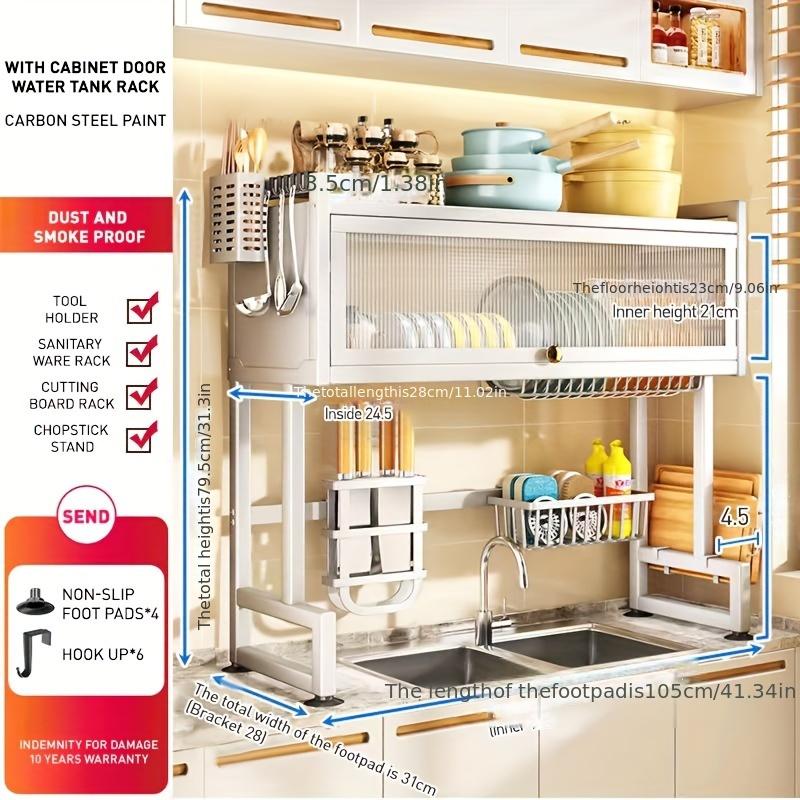 Multi-Functional Kitchen Storage Rack with Cabinet Door Access - Black Metal Countertop Organizer for Dishes, Utensils, and Cookware with Drain Tray, Towel Holder, and Spice Shelf, Sink Storage Solution Functional Kitchen Accessory