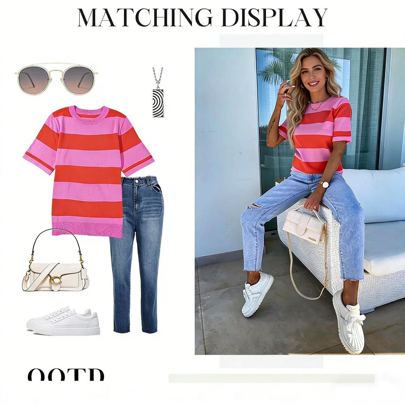 Asvivid Women's Summer Tops Bright Pink Colorblock Striped Ribbed Knitted Round Neck T Shirt Stripe Top SpringStatements