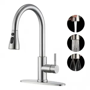 Kitchen faucet with cover, pull-down nozzle, stainless steel finish, adjustable design for flexible water flow control, modern style, and durable.