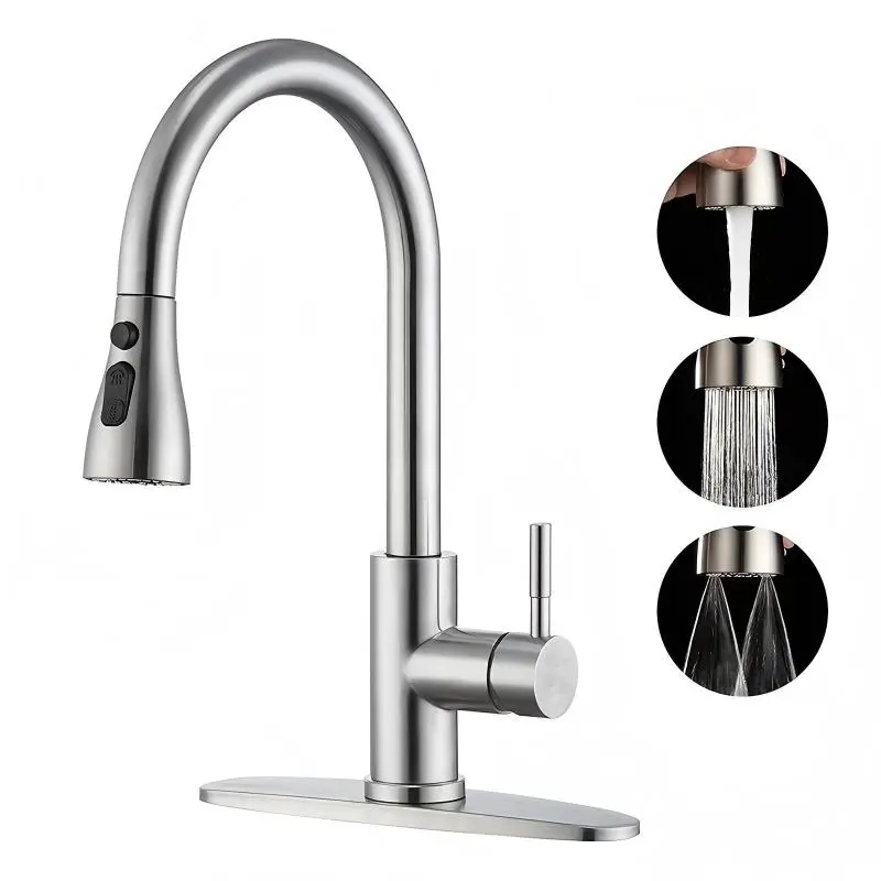 Kitchen faucet with cover, pull-down nozzle, stainless steel finish, adjustable design for flexible water flow control, modern style, and durable.