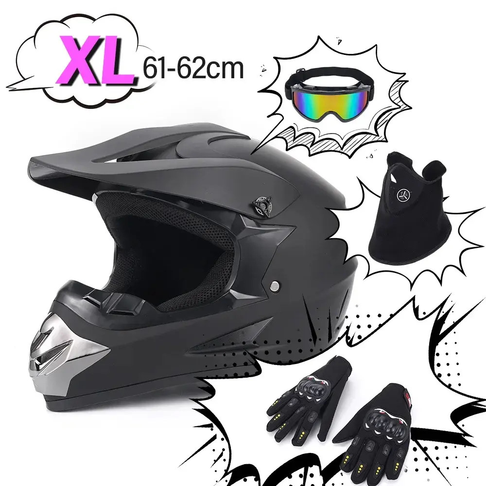 DOT Approved Matte Black Full Face Off-Road Helmet, Tactical Motorcycle Helmet with Goggles, Gloves & Face Mask, Windproof Breathable Pneumatic Safety Helmet for Adult Men, Adjustable Full Size for Motocross, ATV, E-Bike & Mountain Bike