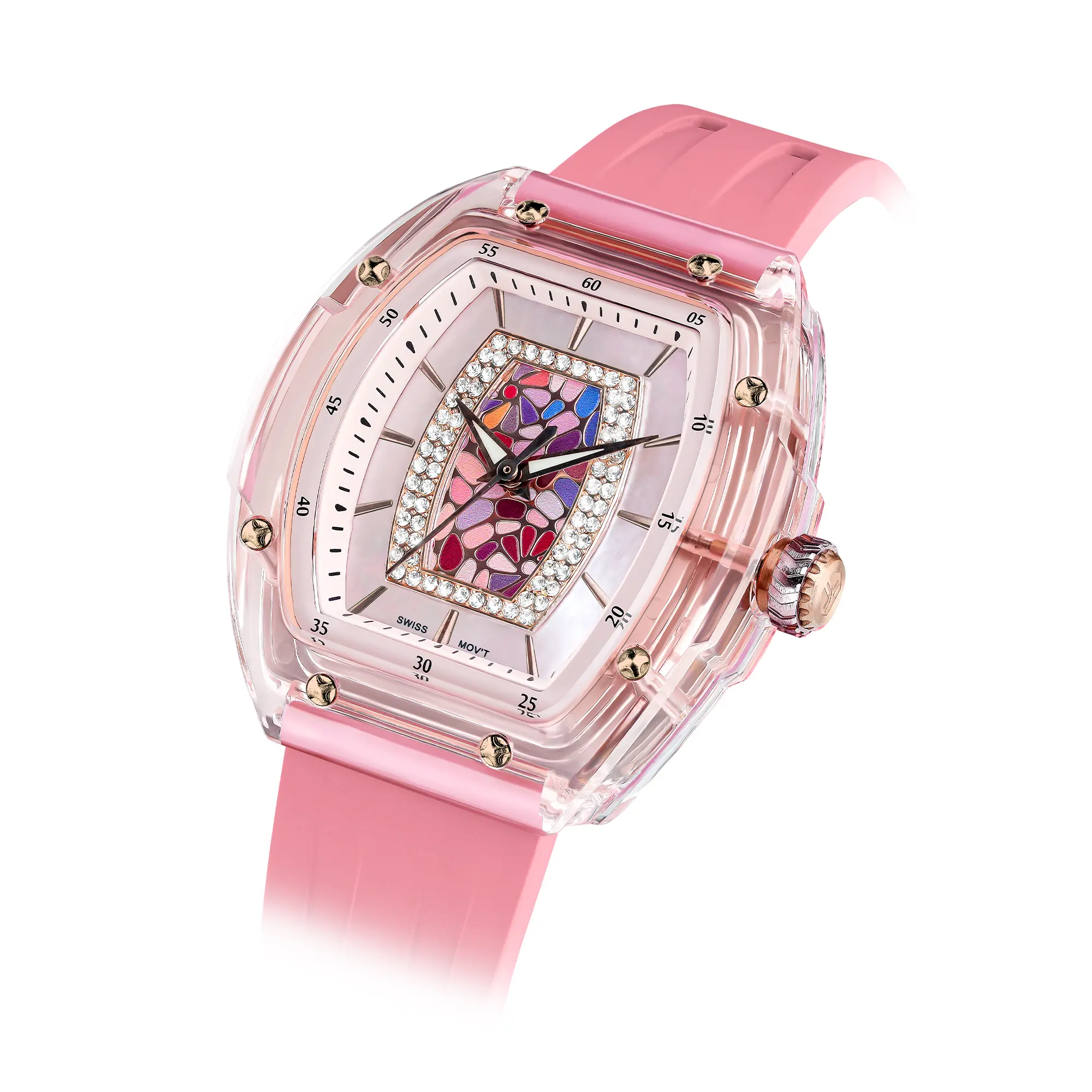 TSAR BOMBA Women's Chronograph Watch - 39.5mm Sapphire Crystal, Swiss Quartz, Fluorine Rubber Strap with Clasp, Classic Tonneau Shape, Luminous, 30M - 50M Water Resistant, Rhinestone Accents, Ideal Gift for Women, 12 Months Support, Suitable for Exercise,