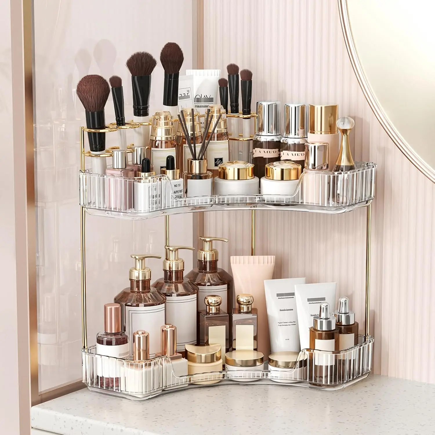2-Tiers Corner Bathroom Counter Organizer, Clear Countertop Shelf Storage Rack, Cosmetic Perfume Tray Standing Holder with Gold Metal Pole, Skincare Sink Organizer for Vanity Kitchen Transparent Smooth