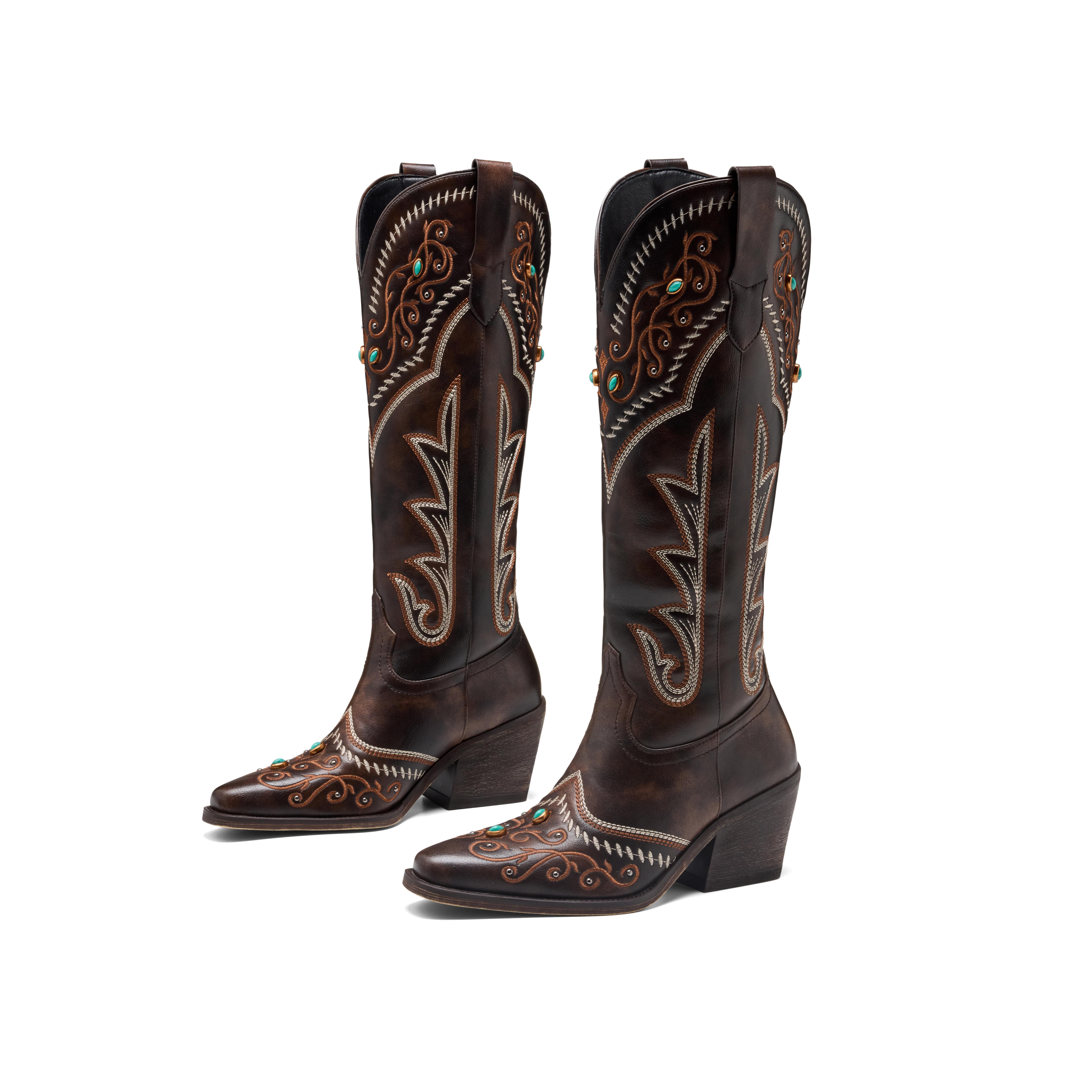 ReneChristine Women's Embroidery Western Cowboy Boots with Studs & Emerald Gemstones, Knee High Wide Calf Cowgirl Boots for Gatherings Weekend Hangouts fur boots knee high boots boots for fall brown boots cowgirl boots Classic wide calf boots SpringStatem