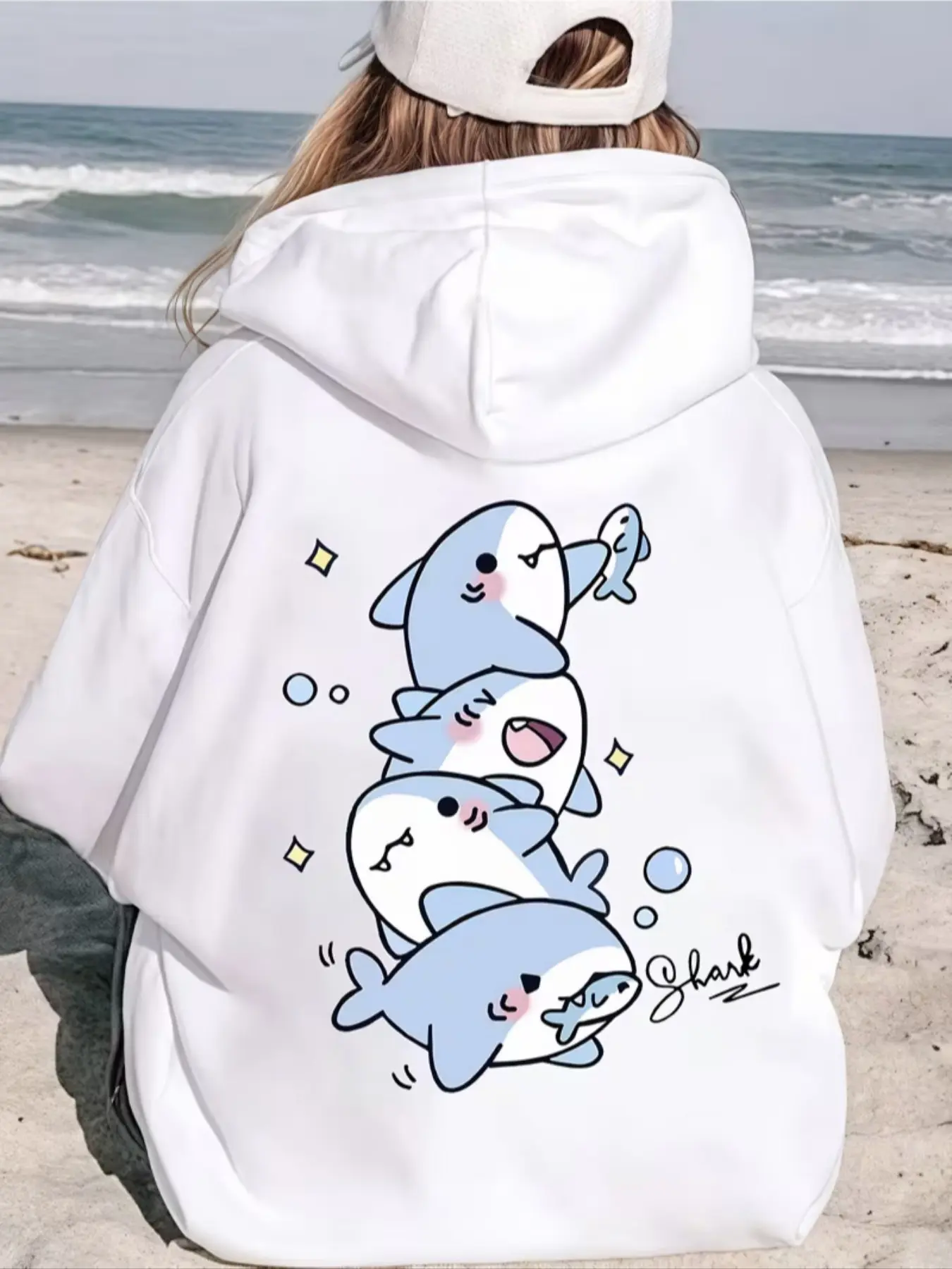 Women's Dropped Shoulder Hoodie with Letter and Cute Shark Print, Fashion Casual Drawstring Pocket Sweatshirt for Fall & Winter