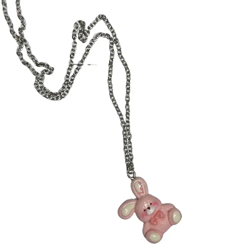 Playful Pink Rabbit Necklace for Women, Cartoon Charm Pendant with Durable Cable Chain, Streetwear Style Jewelry, Cute Charm Design, Streetwear Outfits, Unisex, Animal, Charm Necklaces, Fashionable Jewelry Accessories
