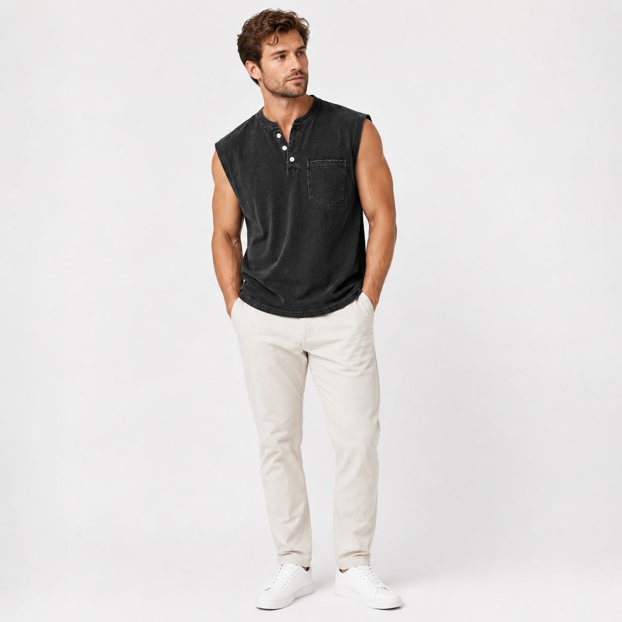 Men's Casual Sleeveless Henley Shirt, Washed Cotton Muscle Tank Top with Chest Pocket, Relaxed Fit Plus Size Vest for Gym, Workout, Running & Everyday Wear Menswear Wetsuit