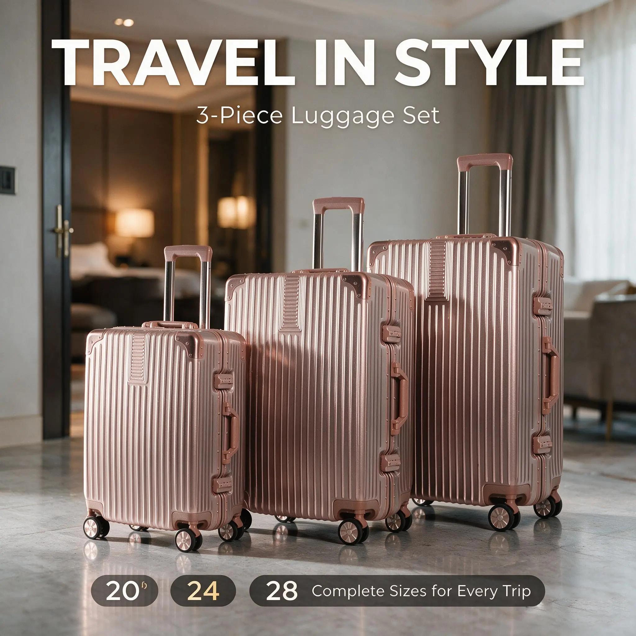 All-Magnesium-Aluminum Alloy 3-Piece Luggage Sets (20/24/28in), Quiet 360-Degree Spinner Wheels, TSA Lock, Hard-Shell Travel Luggage, 4 Color Options