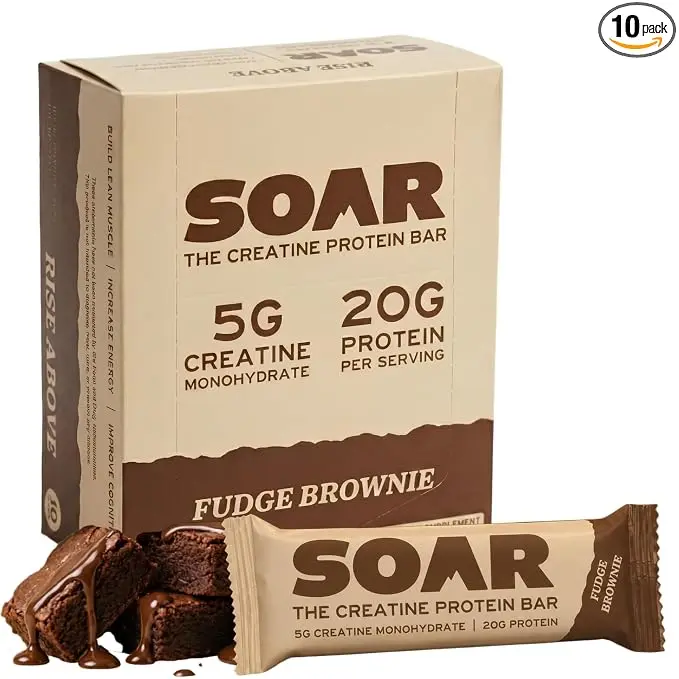 Soar Creatine Protein Bar - Fudge Brownie Flavor | 5g Creatine, 20g Protein, 1g Sugar | 3rd Party Tested Protein Snack Bars Protein Packed Snack