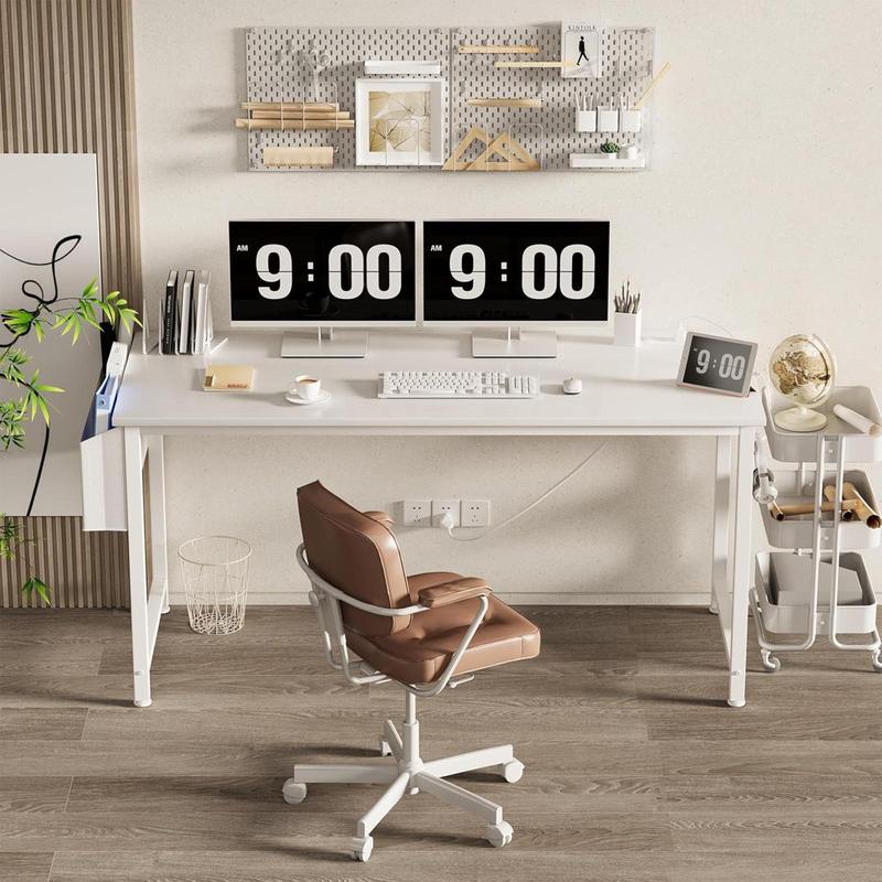 Lufeiya White Computer Desk with Power Outlet, 55 inch Teen Study Table Home Office Work Writing Gaming Desks with Charging Station Outlets Built in, White, Get Free Gift