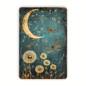 Vintage Dragonfly and Dandelion Moonlit Sky Metal Tin Sign Rustic Wall Art for Home Office Cafe Bar Library Garage Decor 8x12 Inches Iron Plate