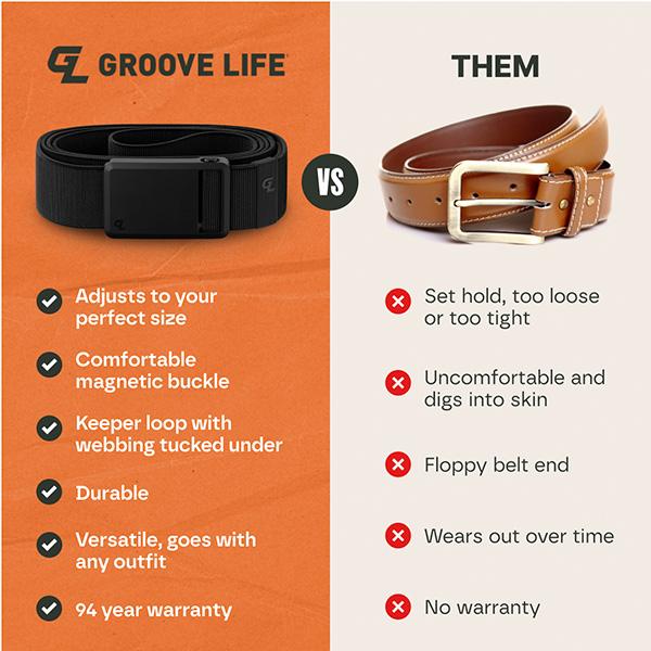 Groove Life Groove Belt Ultra - Black | Comfortable, Lightweight, Durable, Adjustable Stretch Belt for Men, Magnetic Curved Polymer Buckle, Machine Washable, Limited Lifetime Warranty