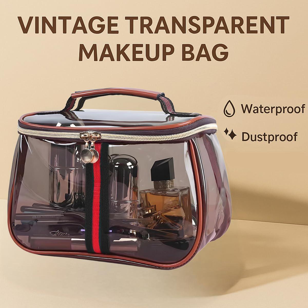 New Retro Vintage Vanity Bag Makeup Bag Large Capacity Waterproof Transparent Toiletry Bag Luxury Cosmetic Bag Women Ladies Travel Storage Case (Coffee)