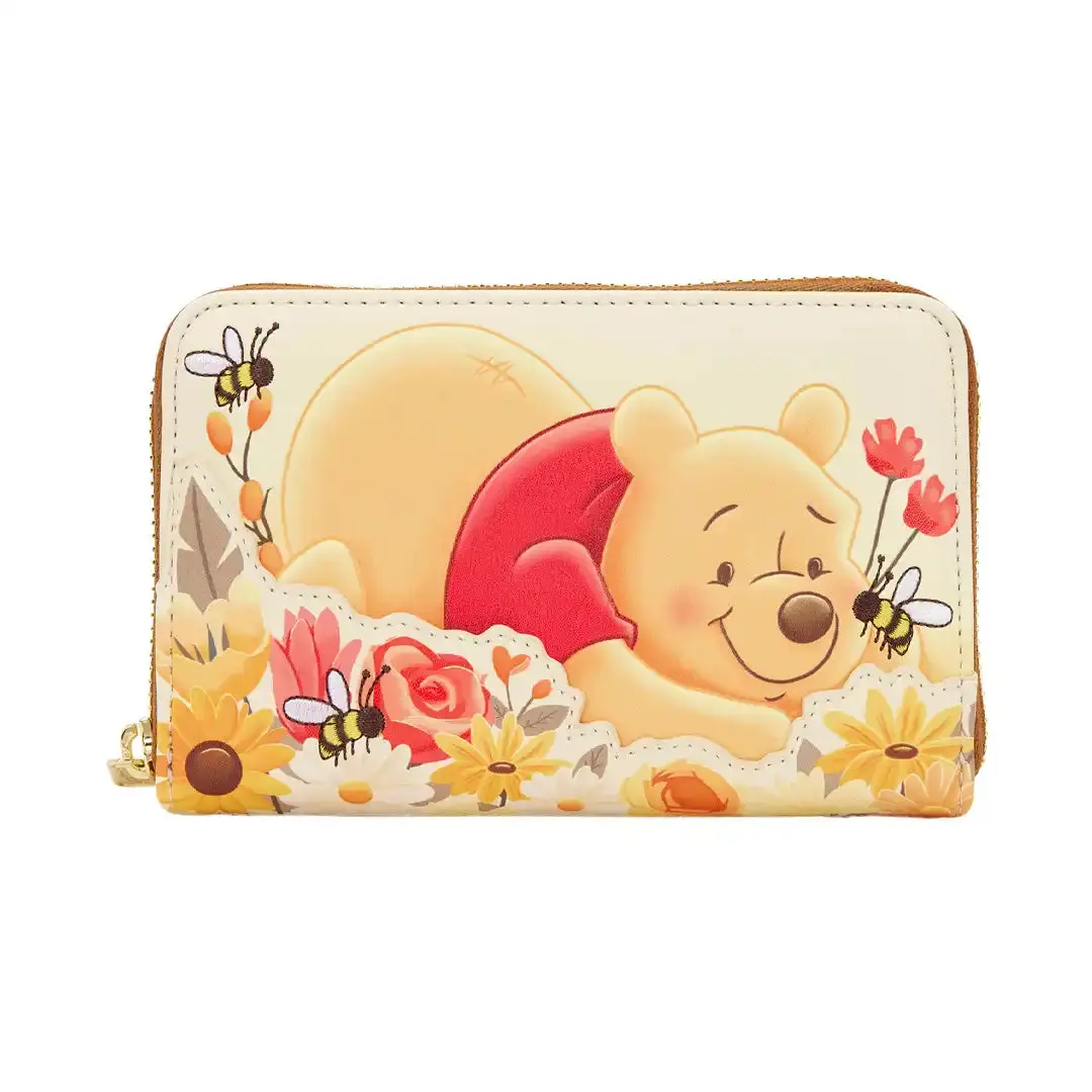 Loungefly Disney Winnie the Pooh Faux Leather Purse Wallet, Casual Trendy Zip Around Design with Floral Applique, Casual Trendy Wallet