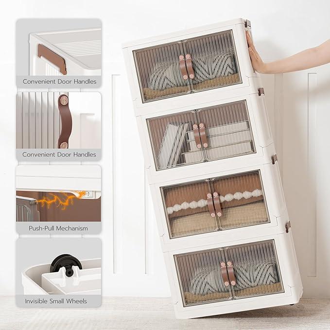 Foldable Storage Box with Lid - Stackable Holders for Kitchen Bedroom Bathroom Warehouse - Cream White - 3 Capacity Options