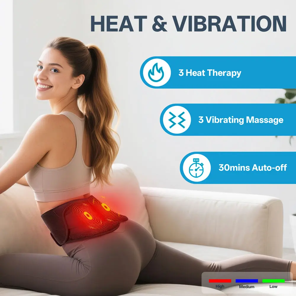 Rechargeable Heating Pad for Back Pain Relief, Cordless Heat Therapy Massage Device with 5 Heat and 3 Vibration Levels, Adjustable Belt Fits up to 58-Inch Waist, Rechargeable Adjustable Massage Devices, Portable Massage Devices