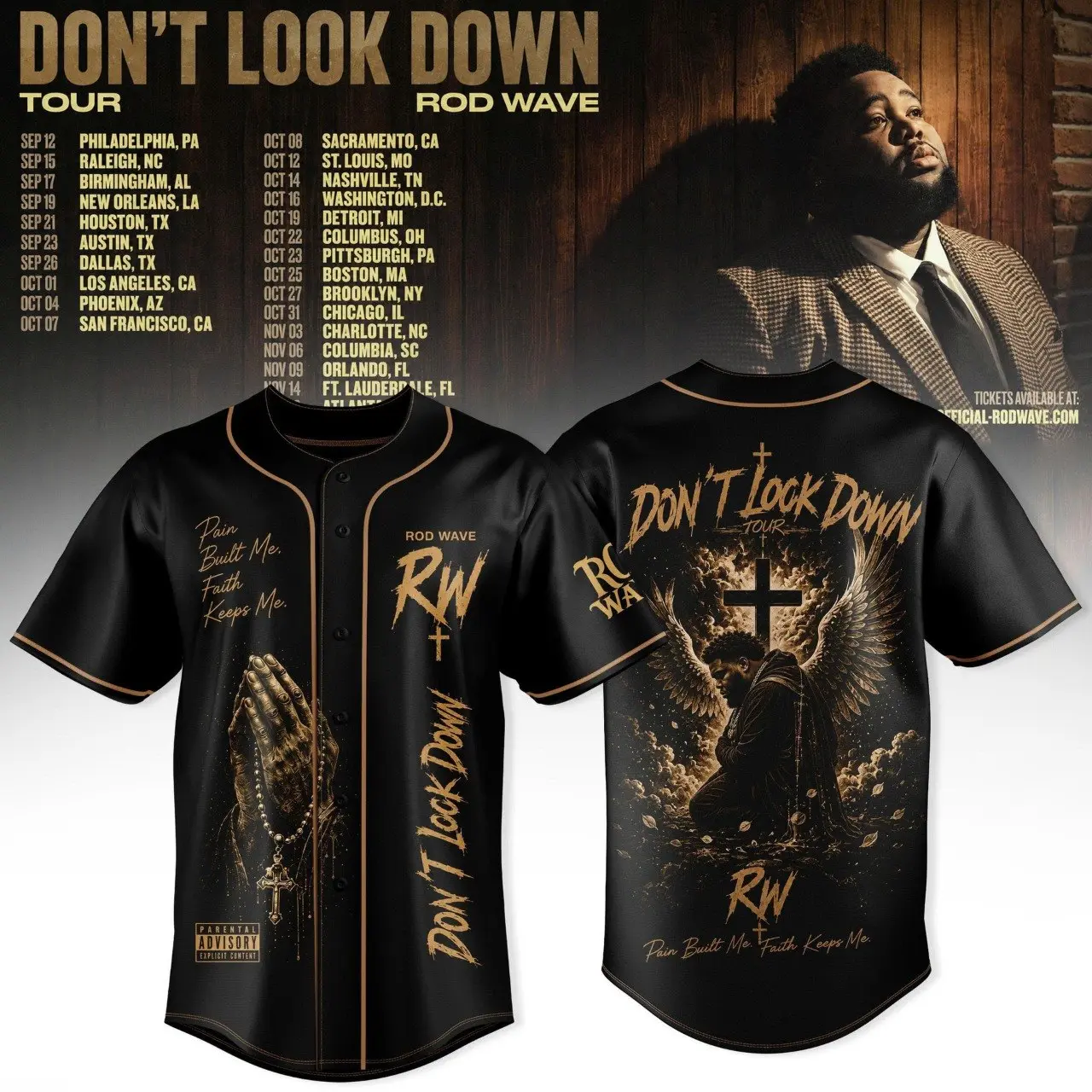 Rod Wave "Don't Look Down" Tour Baseball Jersey Shirt, Hip Hop Graphic Tee Button Down Shirt, Music Concert Merch For Both Men and Women