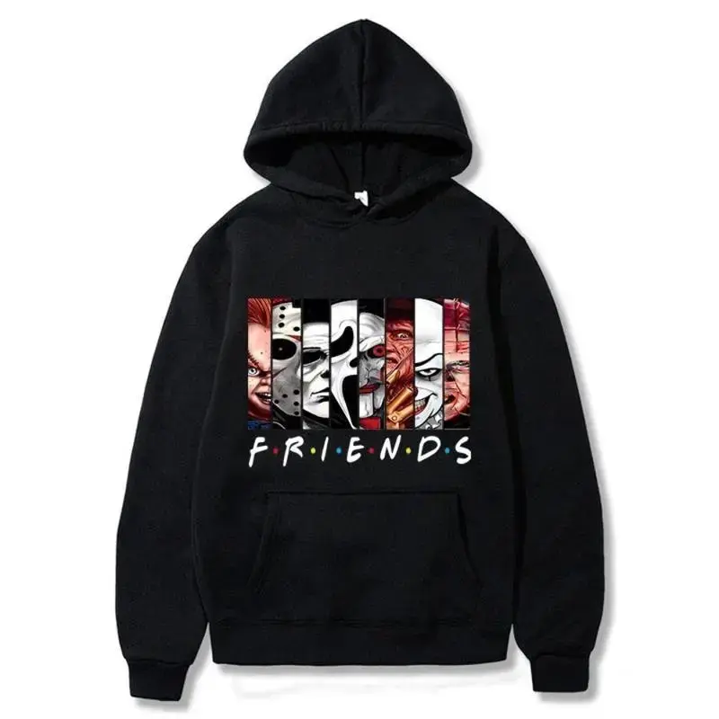 Classic Horror Friends Sweatshirt, Unisex Graphic Print Pullover Hoodie for Halloween, Casual Long Sleeve Movie Parody Gift, Biker, Horror Theme