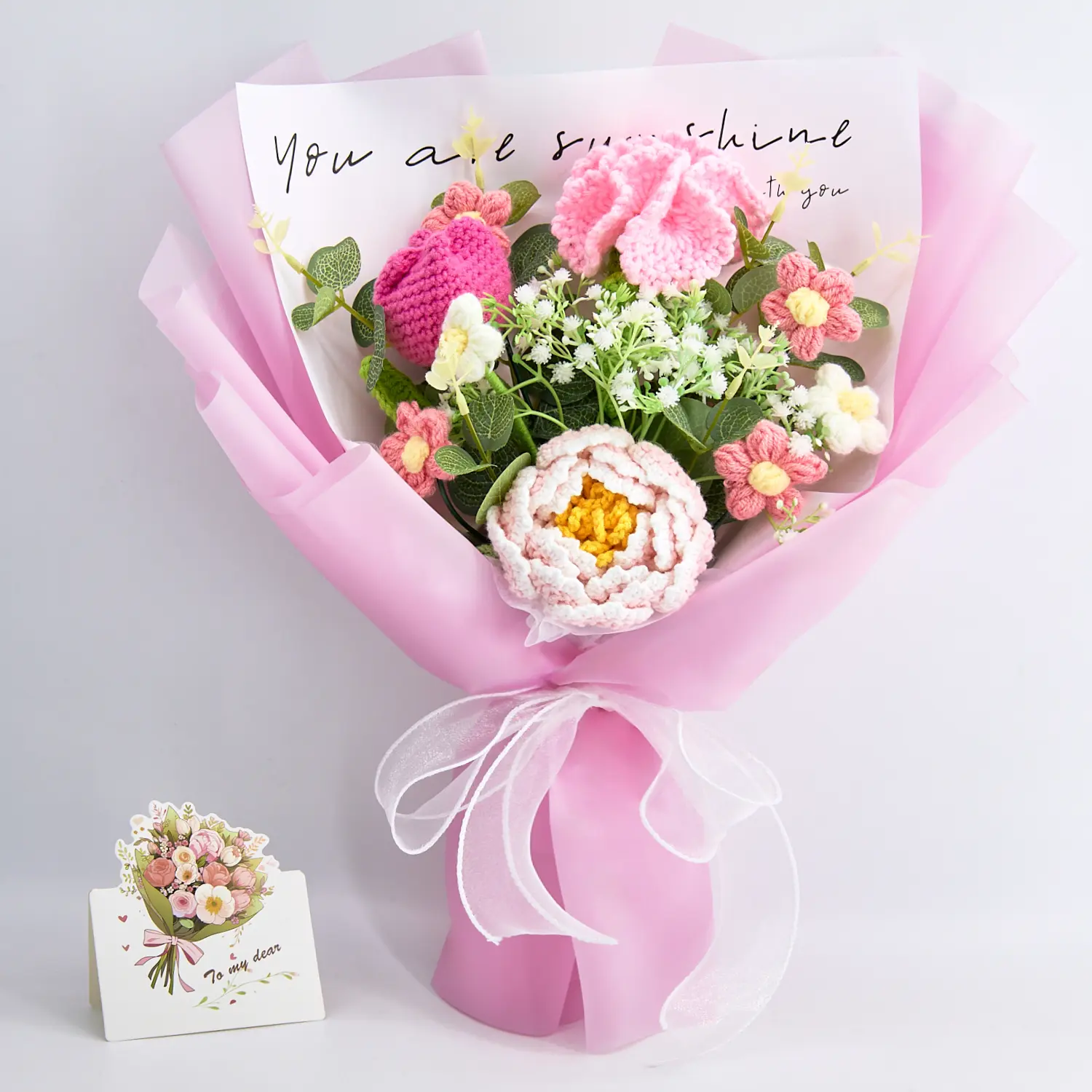 Handmade Crochet Flowers Bouquet Gift for Girlfriend Birthday Wedding Anniversary Just Because Graduation Gift with Carnation Tulip Rose Puff Forever Flowers Pink Bouquet for Her with Greeting Card US Fast Shipping Home Decor
