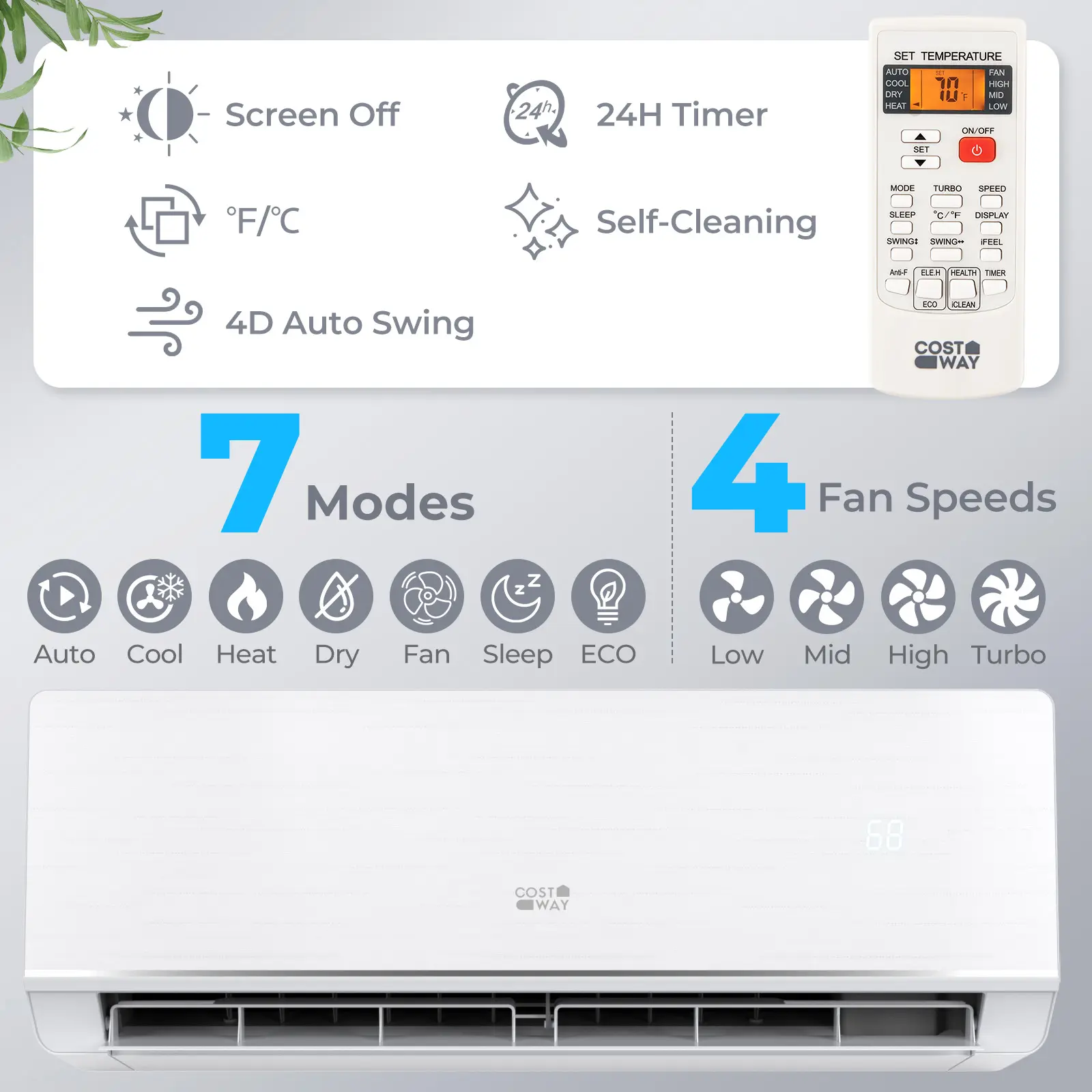 COSTWAY - Energy Star Certified 12000 BTU 24 SEER2 115V Ductless Mini Split Air Conditioner and Heater WiFi Enabled