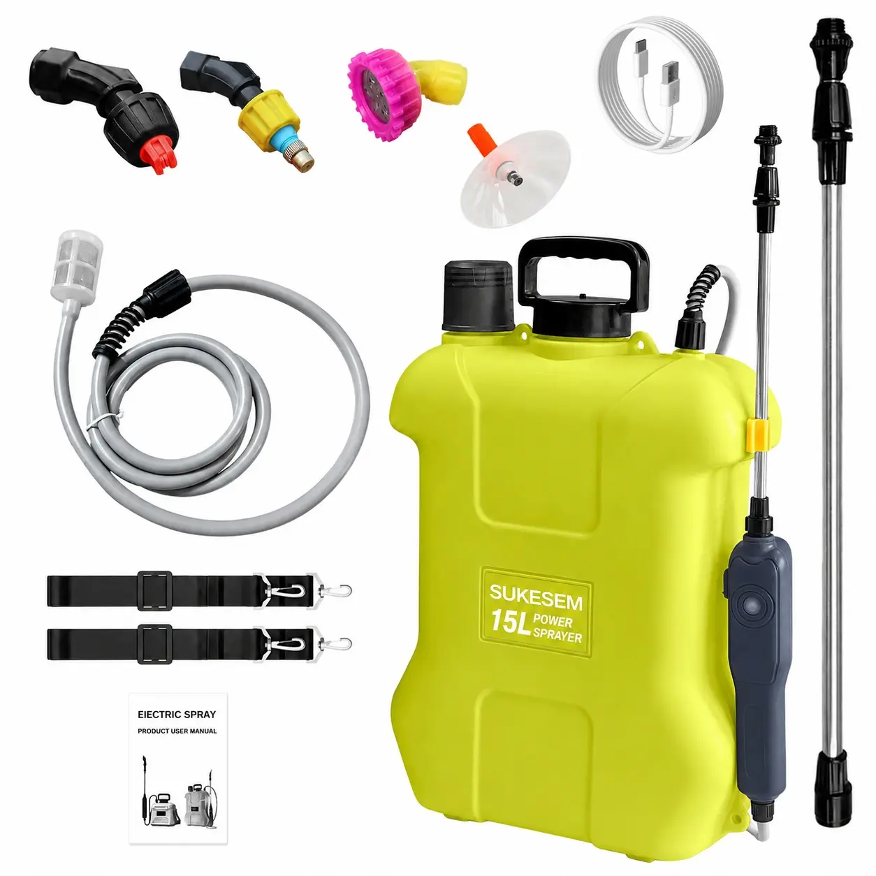 SUKESEM 4 Gallon Battery Powered Backpack Sprayer with Wheeled Cart, 0-94 PSI Adjustable Pressure, Type-C Rechargeable Battery, 90 Min Long Runtime, 13FT Hose, 4 Spray Nozzles, Ergonomic Handle for Lawn, Garden, Weed Control & Cleaning