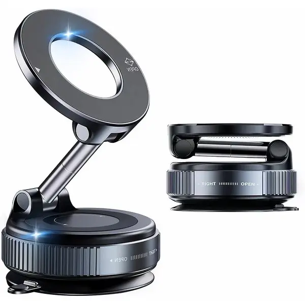 Magnetic Phone Mount for Car - Auto Accessories Interior, Strong Vacuum Suction Cup Holder, Foldable Dashboard Stand Compatible with All Smartphones & Vehicles