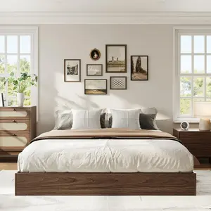Wood Platform Bed with Sturdy Wooden Slats, Queen Size Floor-Standing Bed Frame, Modern Minimalist Design Bed Frame, No Box Spring Needed,Walnut