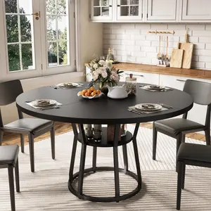 47 in Inch Round Dining Table for 4,Farmhouse Circle Dinner Table, Dining Room Furniture,Round Tables with Storage and Metal Legs, Black (Only Table)
