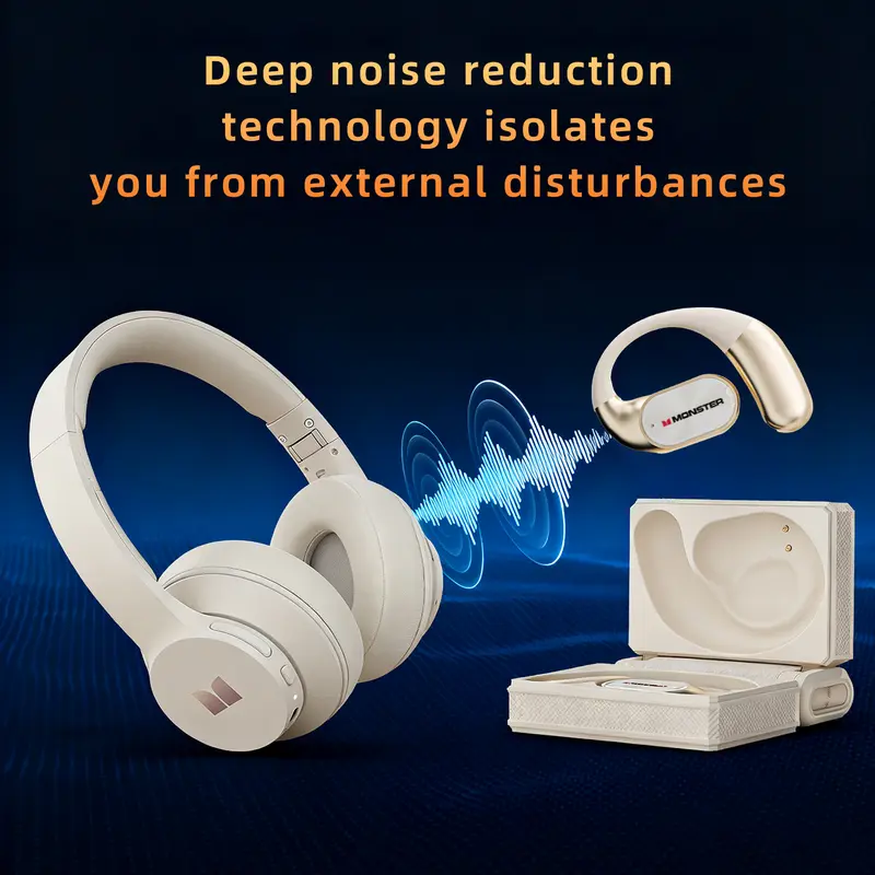 Monster Over-Ear Noise-Cancelling Module Wireless Headphones & Earbuds Combo Set (Black) - Portable Foldable, Deep Bass Punch, Waterproof Bluetooth 6.0 Earbuds with 100H Long Playtime, Cool Gifts for Adults, Ideal for Gym, Travel - TikTokShopBackToSchool