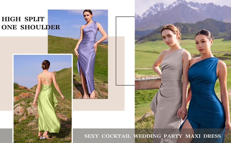 OYS Women's Sexy One Shoulder Satin High Split Cocktail Fit Wedding Party Maxi Formal Dress OYS Women's Sexy One Shoulder Satin High Split Cocktail Fit Wedding Party Maxi Formal Dress