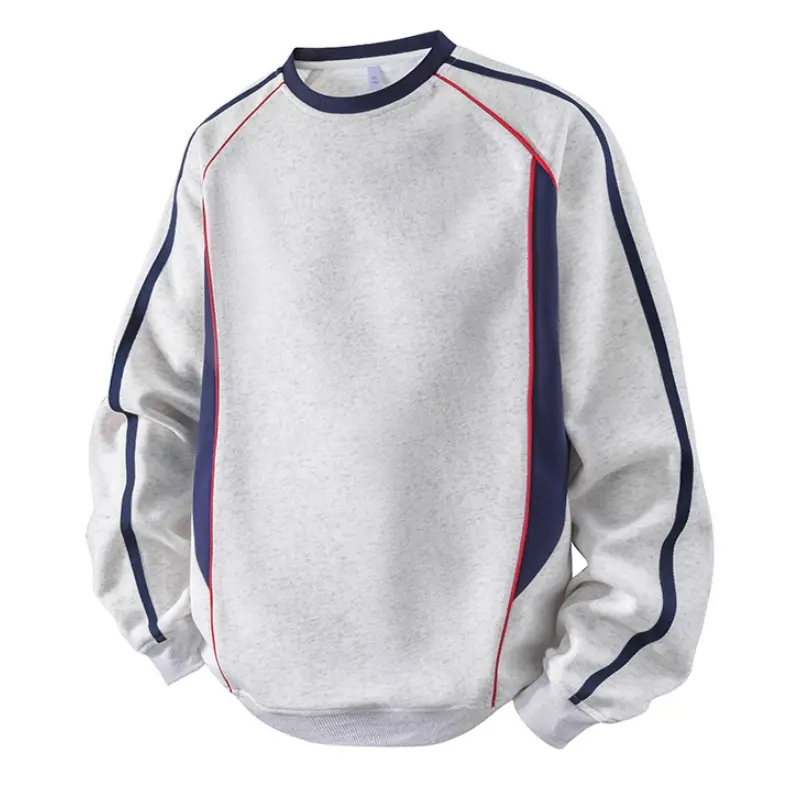 Men's Preppy Colorblock Striped Fleece Pullover Sweatshirt - Loose-Fitting Long Sleeve Round Neck, Polyester Contrast Soft Thick Fabric, Ribbed Cuffs & Hem, Machine Washable Sporty Chic Top, Ideal for Students & Daily Wear
