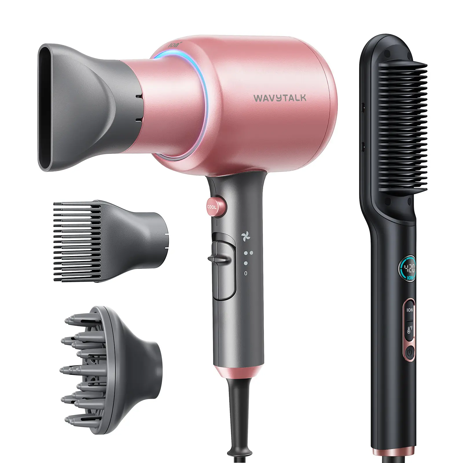 Wavytalk Sleek Sweep Ionic Hair Straightener Brush and Blown Away Ionic Hair Dryer with Diffuser Set