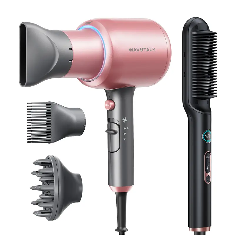 Wavytalk Sleek Sweep Ionic Hair Straightener Brush and Blown Away Ionic Hair Dryer with Diffuser Set