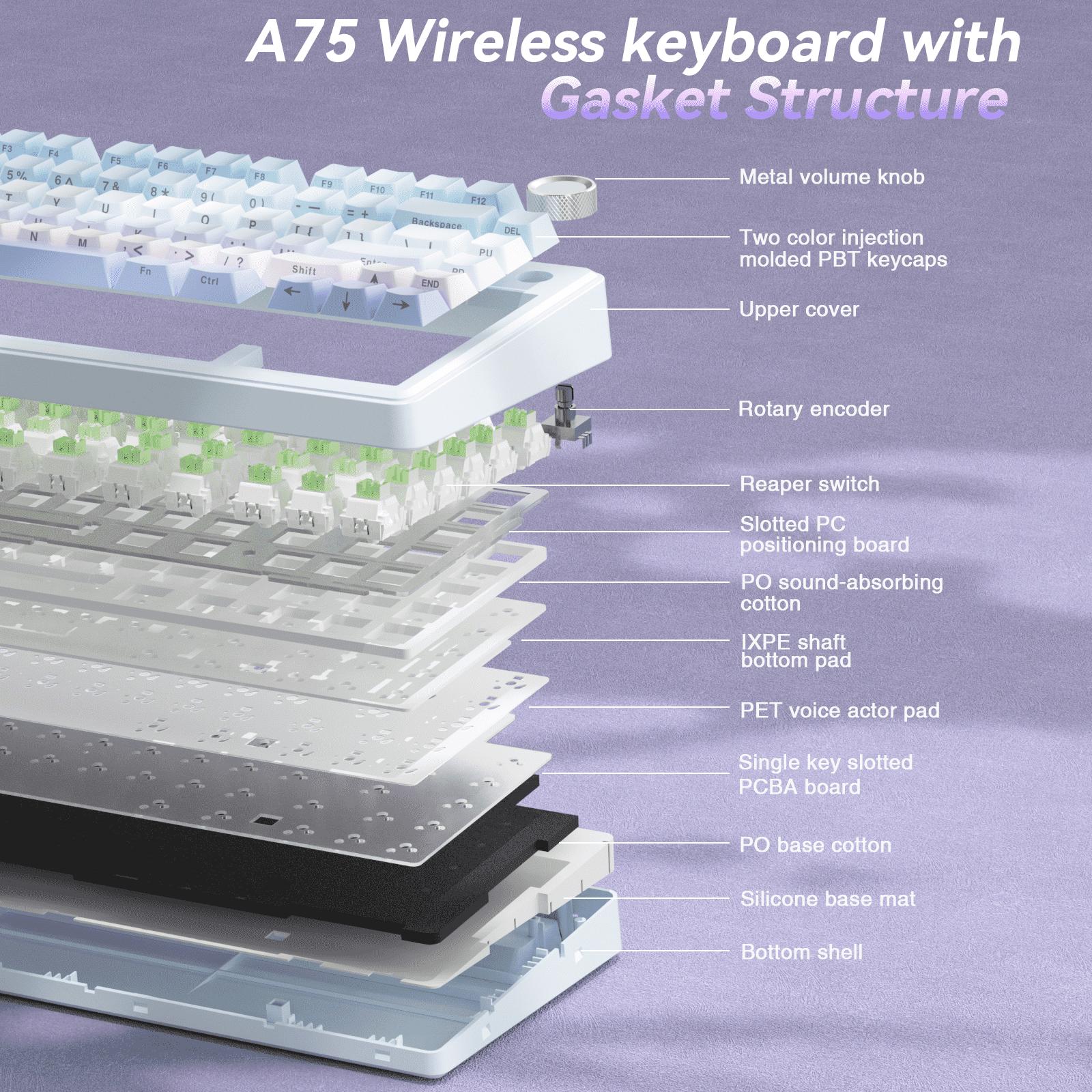 SOLAKAKA A75 Wireless 75% Mechanical Keyboard features hot-swappable keys, RGB lighting, a multi-function knob, sealed keys, PBT keycaps, and a creamykeyboard design. It is suitable for PC/Mac. SOLAKAKA A75 Wireless 75% Mechanical Keyboard features hot-swappable keys, RGB lighting, a multi-function knob, sealed keys, PBT keycaps, and a creamykeyboard design. It is suitable for PC/Mac.
