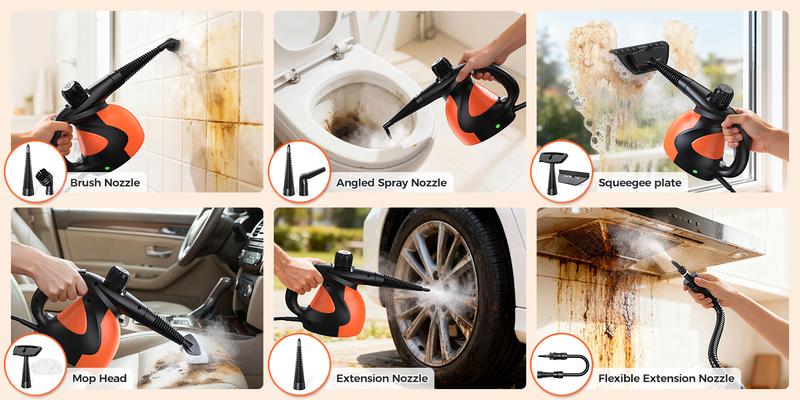 Pressurized Handheld Steam Cleaner, Chemical-Free Multi-Surface Steamer with 9 Accessories for Kitchen, Bathroom, Car, Appliances & Home Cleaning