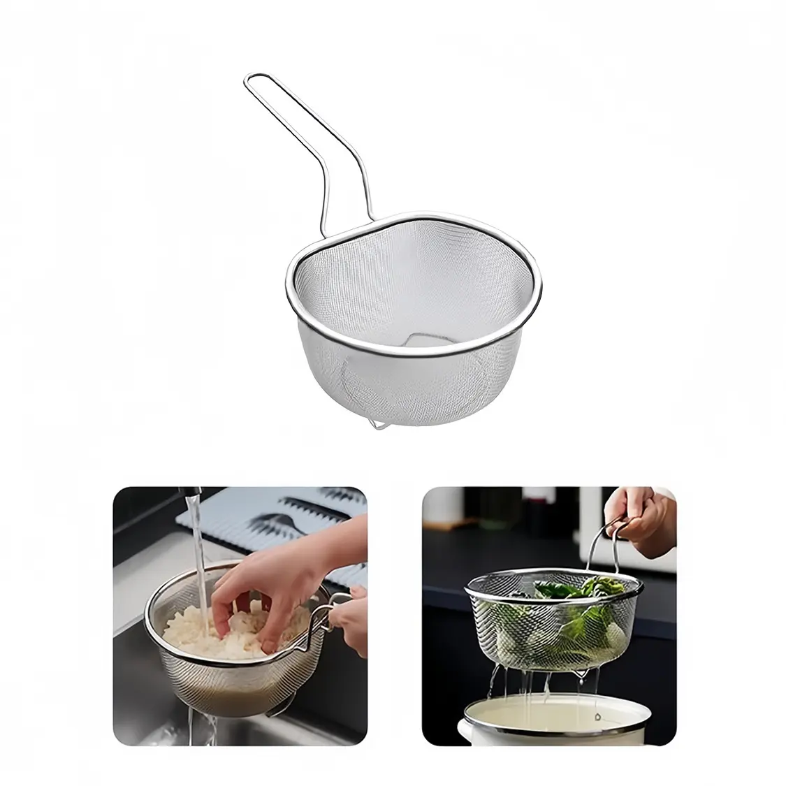 【SummerWins】Sturdy Stainless Steel Standing Mesh Strainer Basket with Handle, Metal Fine Mesh Deep Colander Utensils, Multipurpose Food Sieve with Draining Scoop for Noodles, Fruits, Frying, Kitchen