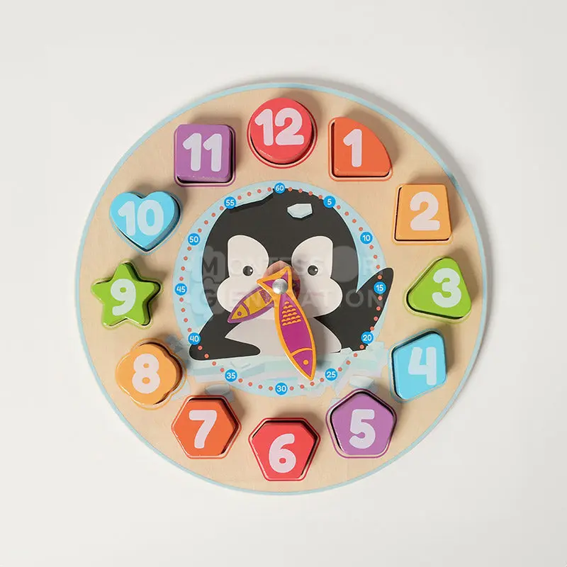 MONTESSORI GENERATION Wooden Montessori Penguin Clock - 12+ Months Unisex Math Learning Tool with Number Counting Blocks, Time Learning Toy That Develops Independence, Kids' Gift Idea