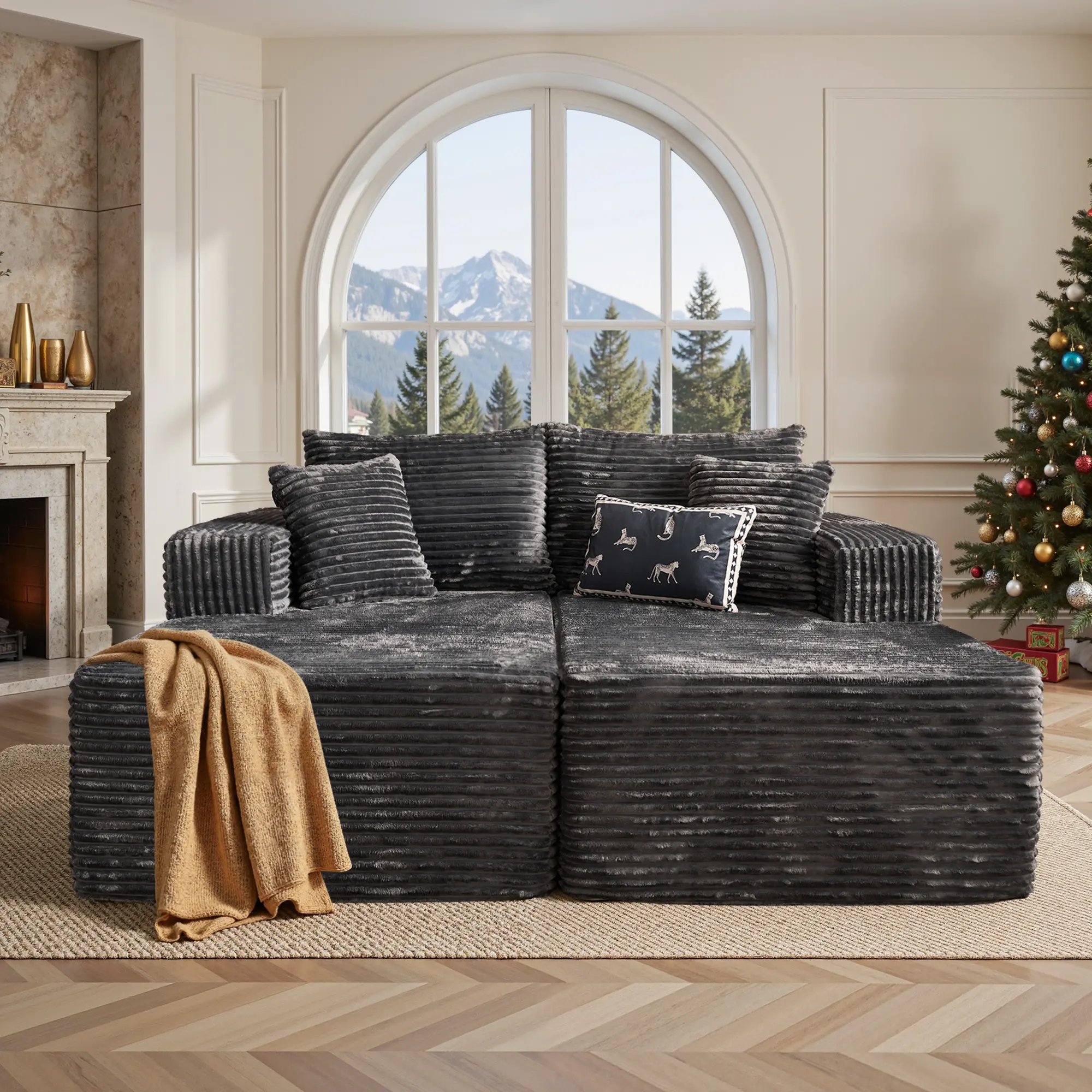 Grey Plush Corduroy Double Chaise Couch